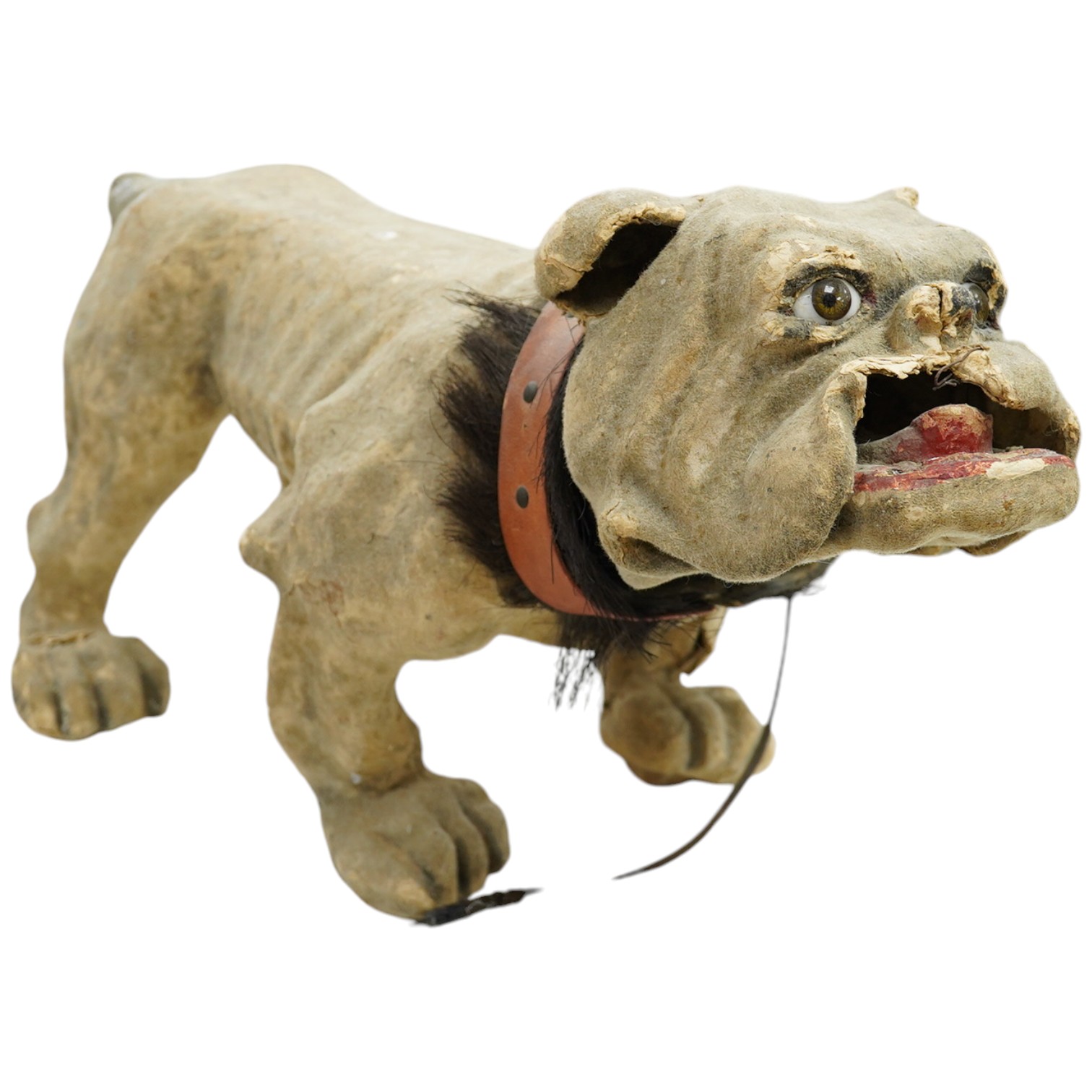 A French papier mache bulldog with bark effect, 66cm long, 35cm high. Condition - poor, some mis-shaping and part of muzzle, nose and ears missing